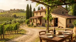 Tavolo imbandito all'aperto davanti a un agriturismo in pietra tra vigneti e cipressi