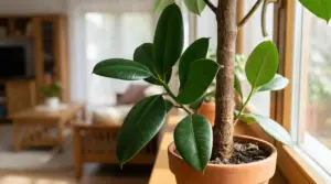 Albero da interno con foglie verdi lucide posto vicino a una finestra luminosa