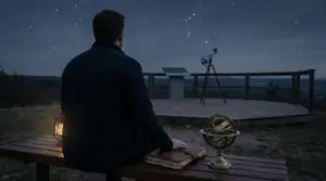Persona seduta su una panchina osserva le stelle con telescopio in lontananza