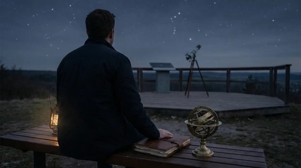 Persona seduta su una panchina osserva le stelle con telescopio in lontananza