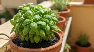 Pianta di basilico rigogliosa in un vaso di terracotta su un balcone soleggiato