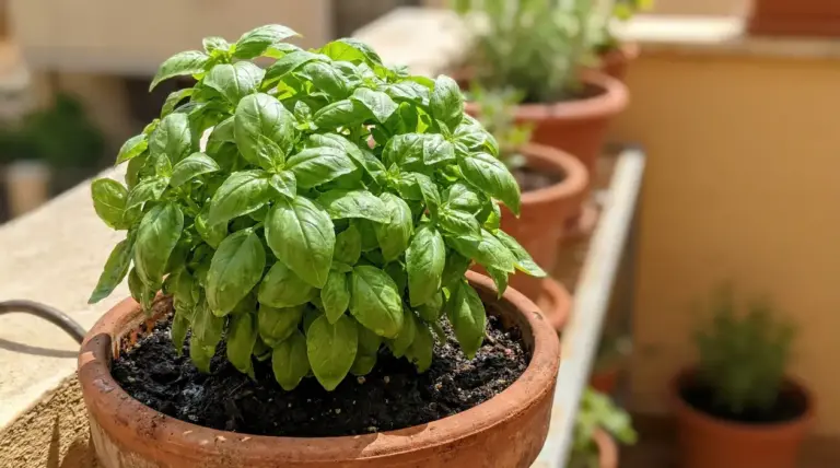 Pianta di basilico rigogliosa in un vaso di terracotta su un balcone soleggiato