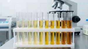 Provette con urina di diversi colori su un banco da laboratorio medico