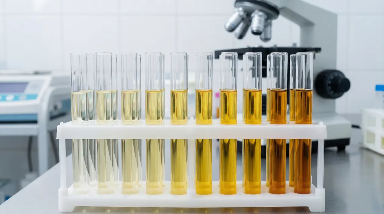 Provette con urina di diversi colori su un banco da laboratorio medico