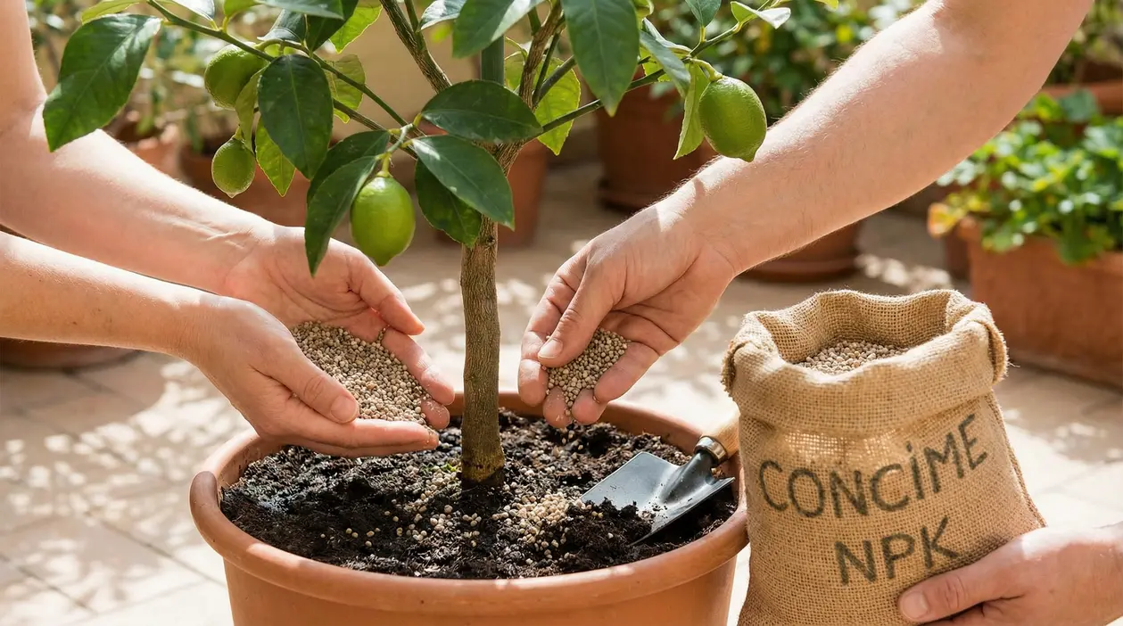 Mani che concimano un albero di agrumi in vaso con fertilizzante granulare