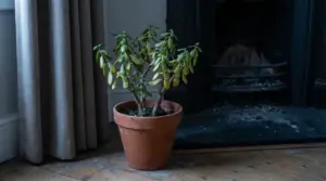 Pianta di albero di giada ingiallita vicino a un camino spento