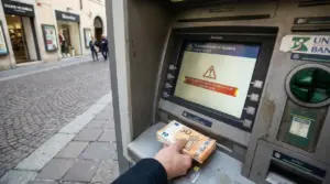 Una mano ritira contanti da un bancomat che mostra un messaggio di errore sullo schermo