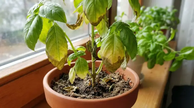 Pianta di basilico in vaso con foglie ingiallite e appassite vicino a una finestra