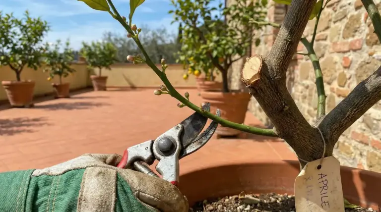Potatura di un albero di limone in vaso con cesoie da giardinaggio a marzo