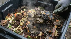 Compost maleodorante e troppo umido in una compostiera, mescolato con una paletta