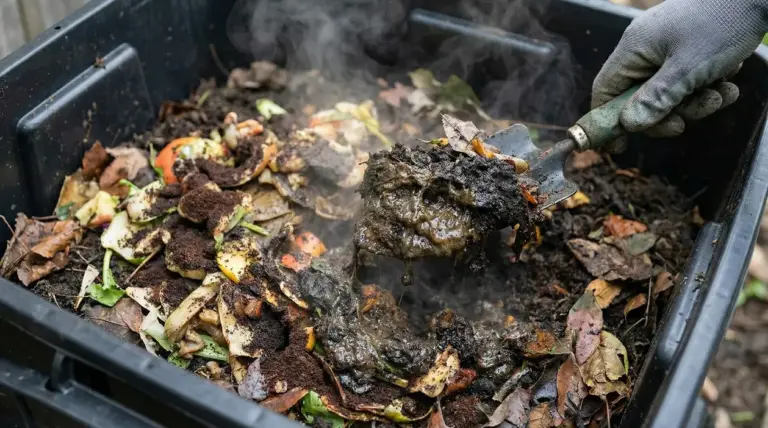 Compost maleodorante e troppo umido in una compostiera, mescolato con una paletta