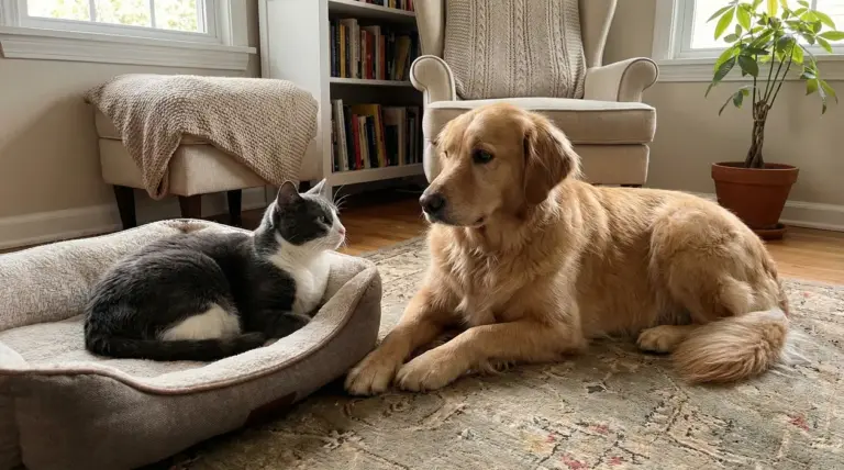 Gatto e cane si guardano tranquilli in un salotto accogliente