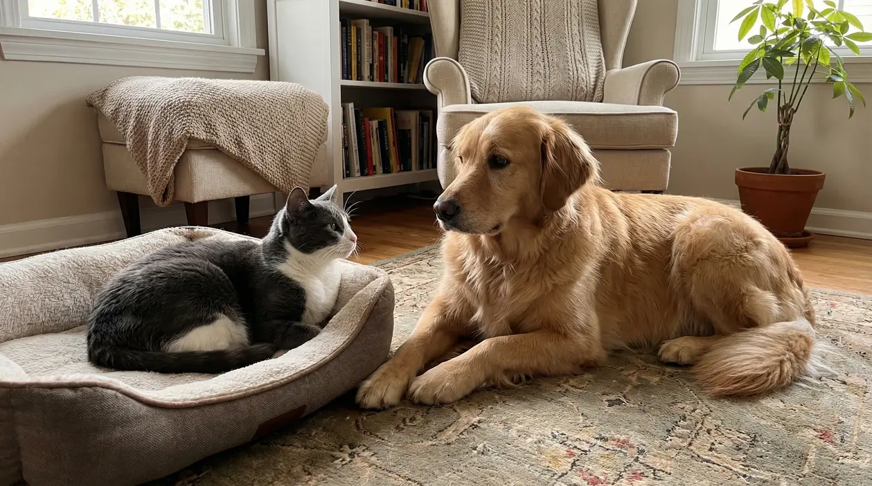 Gatto e cane si guardano tranquilli in un salotto accogliente