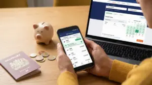 Persona controlla prezzi dei voli su smartphone davanti a un laptop con calendario voli aperto