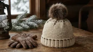 Cappello di lana con pompon marrone appoggiato su un tavolo accanto a guanti di pelle
