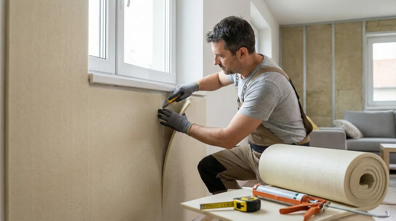 Persona che applica un materiale isolante sulla parete interna di un'abitazione