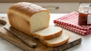 Fette di pancarrè su un tagliere di legno con coltello e marmellata sullo sfondo