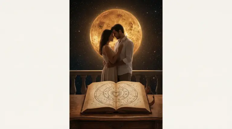 Una coppia abbracciata davanti a un grande pianeta luminoso con un libro di astrologia in primo piano