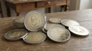 Monete commemorative in euro disposte su un tavolo in legno