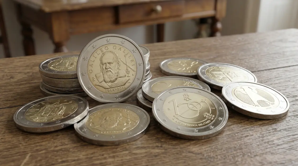 Monete commemorative in euro disposte su un tavolo in legno