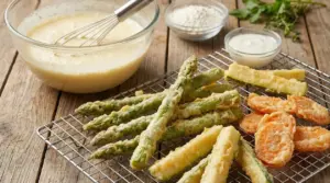 Verdure fritte in pastella croccante su una griglia con ciotole di impasto e farina