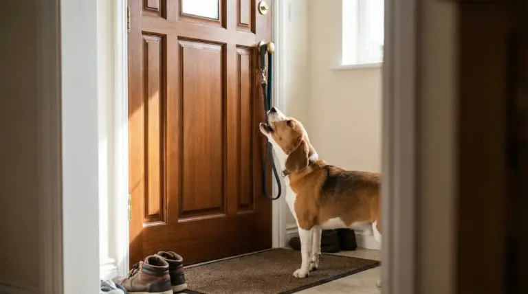 Cane abbaia davanti alla porta d'ingresso di casa