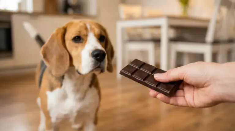 Un cane osserva una persona che tiene una barretta di cioccolato in mano
