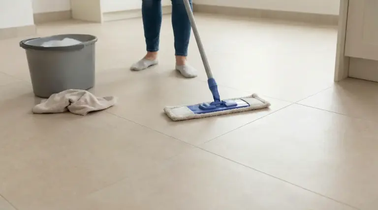Persona che pulisce pavimento in gres porcellanato con mocio e secchio