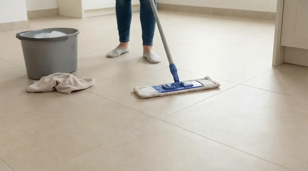 Persona che pulisce pavimento in gres porcellanato con mocio e secchio