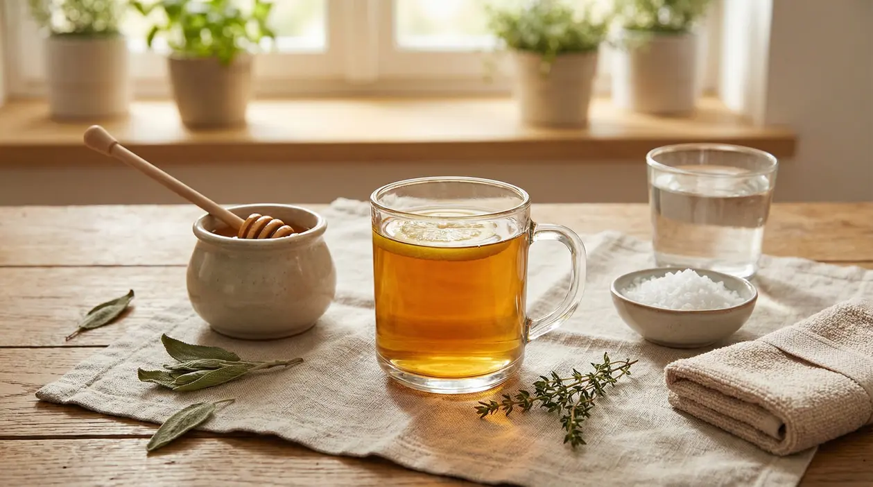 Rimedi naturali come miele, tisana, acqua e sale su un tavolo in legno con erbe fresche