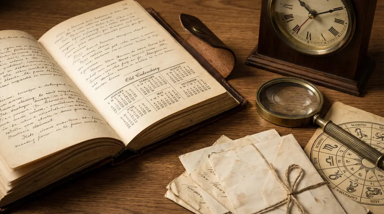 Oggetti vintage su un tavolo, tra cui un calendario zodiacale, una lente d'ingrandimento e lettere antiche