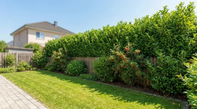 Siepi verdi e piante da giardino che crescono lungo una recinzione in legno
