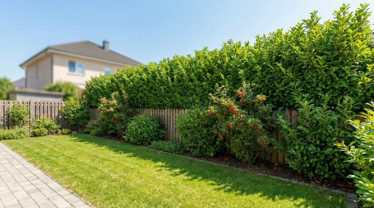 Siepi verdi e piante da giardino che crescono lungo una recinzione in legno