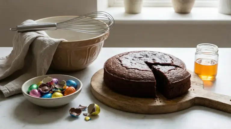 Torta al cioccolato su tagliere con uova di Pasqua avanzate e un barattolo di miele